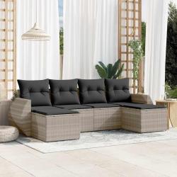 Salon de jardin 6 pcs avec coussins gris clair r&eacute;sine tress&eacute;e