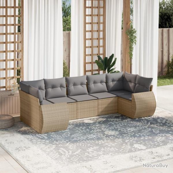 Salon de jardin avec coussins 7 pcs beige r�sine tress�e