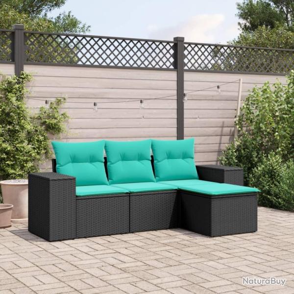 Salon de jardin 4 pcs avec coussins noir r�sine tress�e