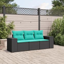 Salon de jardin 3 pcs avec coussins noir r&eacute;sine tress&eacute;e