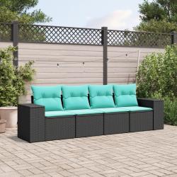 Salon de jardin 4 pcs avec coussins noir r&eacute;sine tress&eacute;e