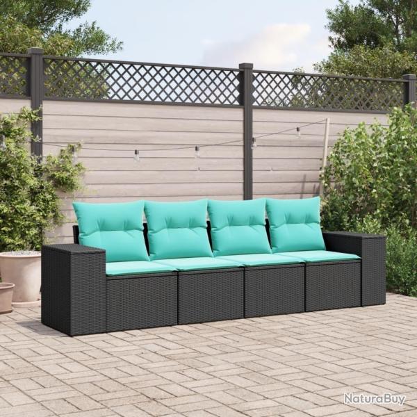 Salon de jardin 4 pcs avec coussins noir r�sine tress�e