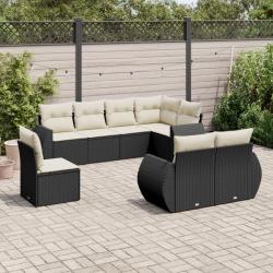 Salon de jardin 8 pcs avec coussins noir r&eacute;sine tress&eacute;e