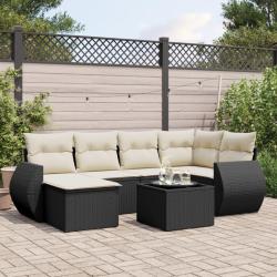 Salon de jardin 7 pcs avec coussins noir r&eacute;sine tress&eacute;e