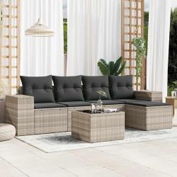 Salon de jardin 6 pcs avec coussins gris clair r&eacute;sine tress&eacute;e