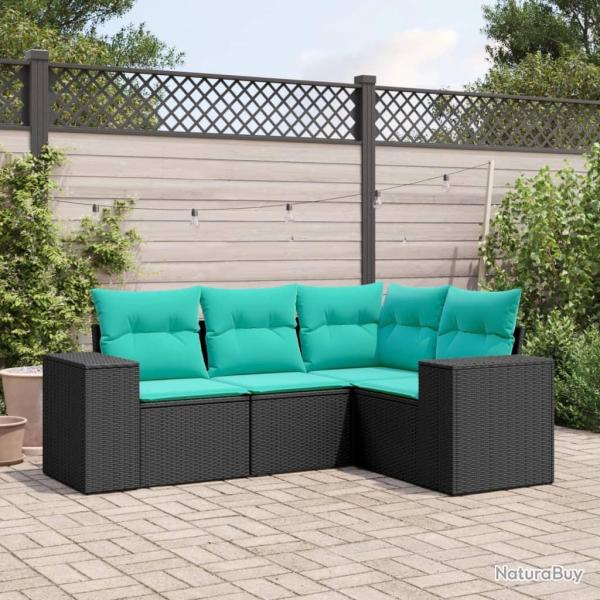 Salon de jardin 4 pcs avec coussins noir r�sine tress�e