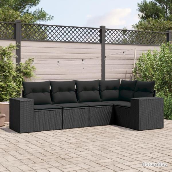 Salon de jardin 5 pcs avec coussins noir r�sine tress�e
