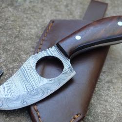 Couteau de Chasse Ringed Skinner | Lame Acier Damas 256 Couches | Manche Bois de Rose | &Eacute;tui Cuir A