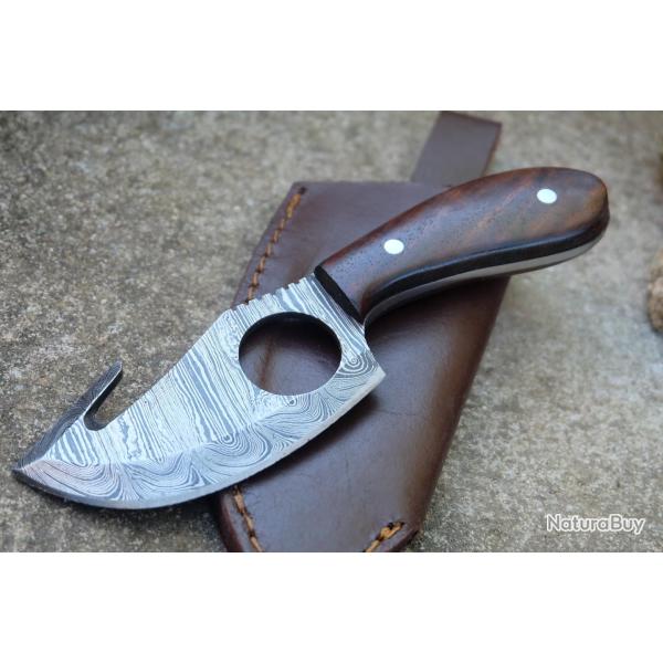 Couteau de Chasse Ringed Skinner | Lame Acier Damas 256 Couches | Manche Bois de Rose | �tui Cuir A