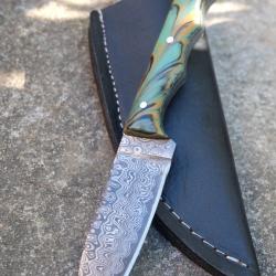 Couteau Skinner Lame Acier Damas 256 Couches Bubble Manche Pistache Etui SimiliCuir Fab Artisanale01