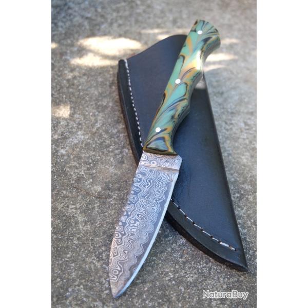 Couteau Skinner Lame Acier Damas 256 Couches Bubble Manche Pistache Etui SimiliCuir Fab Artisanale01