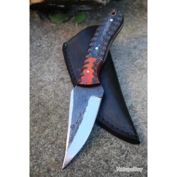 Couteau Skinner de Chasse Rando Lame Acier Carbone 1075 Manche Bois Etui Cuir Fabrication Artisanale