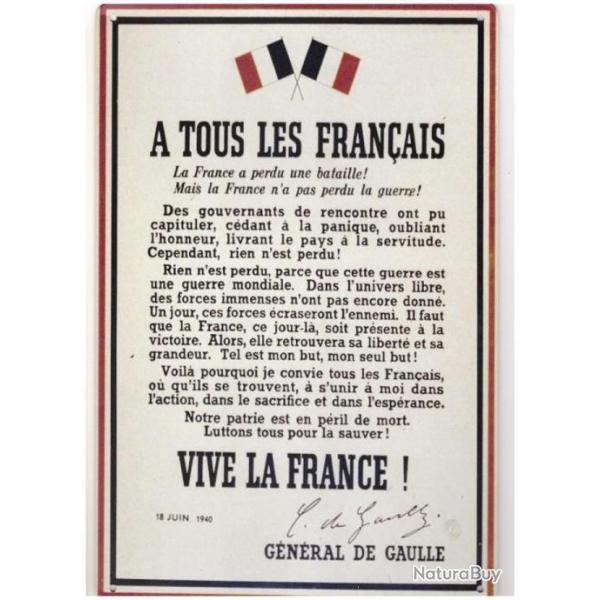 PLAQUE METAL APPEL DU 18 JUIN/CHARLES DE GAULLE