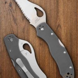 Couteau Spyderco Byrd Gooney Lame Crant&eacute;e Acier 9Cr18MoV Manche G10 Gris Lockback BY24GSGY