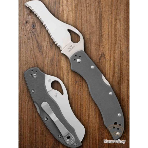 Couteau Spyderco Byrd Gooney Lame Crant�e Acier 9Cr18MoV Manche G10 Gris Lockback BY24GSGY