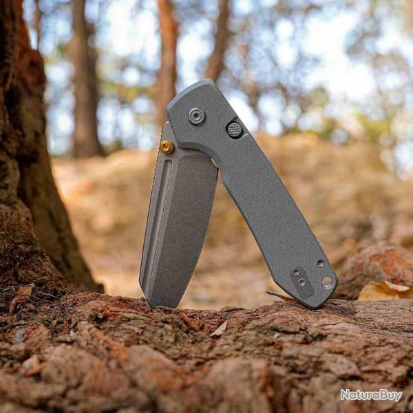 Couteau Vosteed Raccoon 2.0 Lame Sheepsfoot Acier 14C28N Manche G10 Gray Button Lock VOSA2930