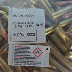 Cartouches PPU 303 BRITISH FMJBT 174grs - sachet 100 unit&eacute;s