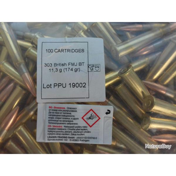 Cartouches PPU 303 BRITISH FMJBT 174grs - sachet 100 unit�s