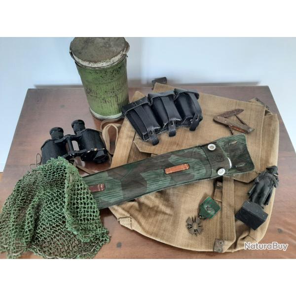 Lot militaria, jumelles GB 2�me, sac pattern dat�, cartouchi�re 98, m�daille, couteau, bo�te...