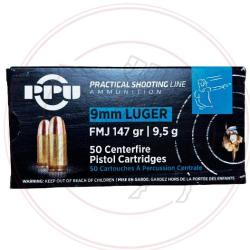 Cartouches PPU 9mm luger FMJ - 147grs - Practical shooting line (IPSC) SUBSONIQUE- Boite de 50 unit&eacute;