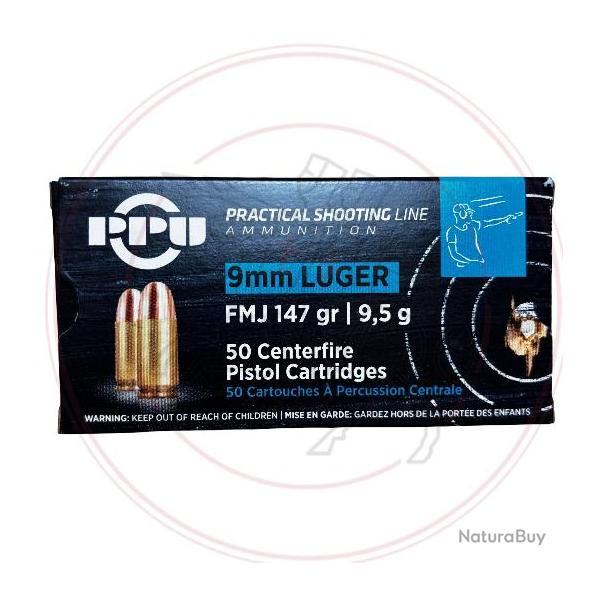 Cartouches PPU 9mm luger FMJ - 147grs - Practical shooting line (IPSC) SUBSONIQUE- Boite de 50 unit�