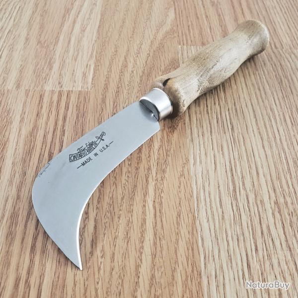 Couteau Serpette Ontario Lame Courbe Acier Inoxydable Satin Manche Bois Brun