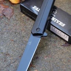 Couteau Tactical Urbain Falcon Semi-Automatique Lame Tanto Acier 440 Manche Acier Black Linerlock01