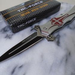 Couteau Semi Automatique Tac Force Biker Route 66 Lame Acier 440 Manche Alu Red/Silver Celtic Cross
