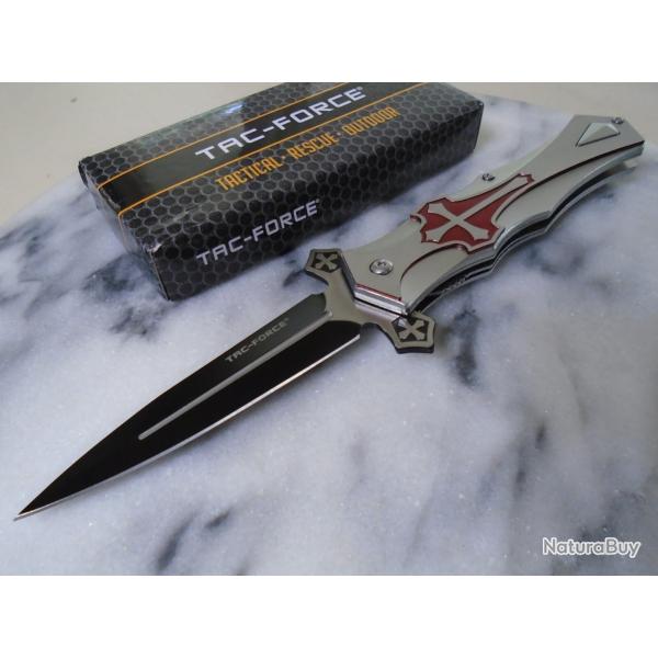 Couteau Semi Automatique Tac Force Biker Route 66 Lame Acier 440 Manche Alu Red/Silver Celtic Cross