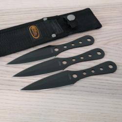 Set de 3 Couteaux Ninja Kunai Lame Acier Acier Inoxydable Noir Manche Acier Housse Nylon