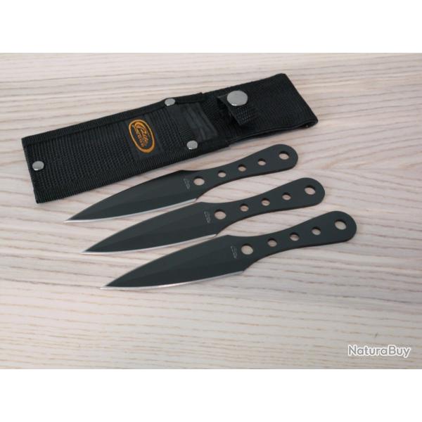 Set de 3 Couteaux Ninja Kunai Lame Acier Acier Inoxydable Noir Manche Acier Housse Nylon