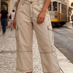 AXXANO AE1271B Pantacourt femme &agrave; rayures beige et blanc en pur coton