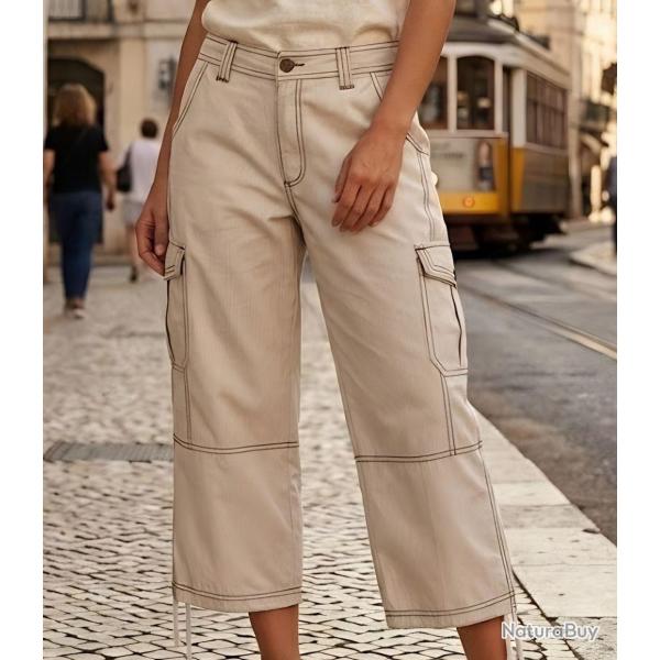 AXXANO AE1271B Pantacourt femme � rayures beige et blanc en pur coton