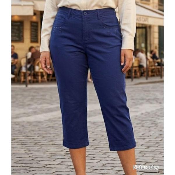 Pantacourt MAYFLOWER stretch bleu marine le confort avec finitions brod�es