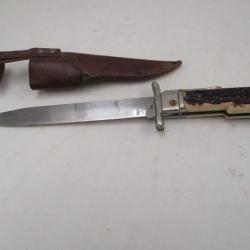 beau couteau de chasse begon a la destaing plaquettes fa&ccedil;on corne de cerf lame repliable - avec &eacute;tui