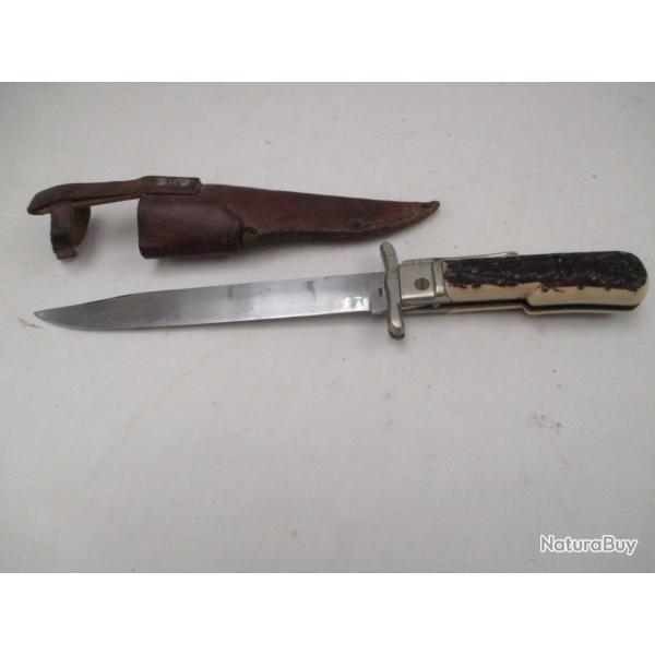beau couteau de chasse begon a la destaing plaquettes fa�on corne de cerf lame repliable - avec �tui