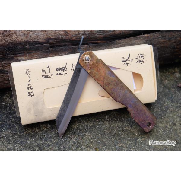 Couteau Higonokami Koriwa Brown Lame Acier Blue Paper Manche Laiton Made Japan HIGO151