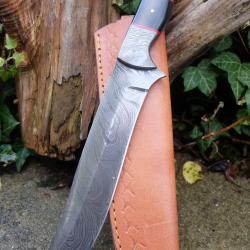 Beau Poignard Damas Lame Clip Point Mitres Damas 256 Couches Manche R&eacute;sine Fabr Artisan Etui Cuir