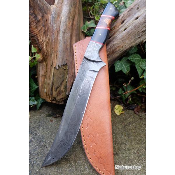 Beau Poignard Damas Lame Clip Point Mitres Damas 256 Couches Manche R�sine Fabr Artisan Etui Cuir