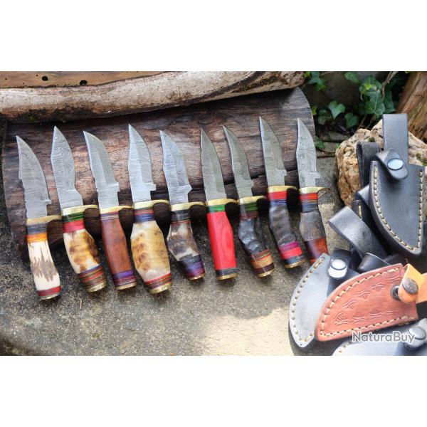 LOT DE 9 Couteau Skinner Damas Lame 256 Couches Manche Bois Cerf/Bois/B�lier Artisanale Etui Cuir
