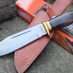 Poignard Bowie Couteau Crocodile Dundee Lame Acier Carbone Manche Cuir Etui Cuir Marbles