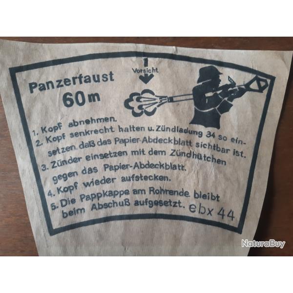 WW2 TRES RARE ETIQUETTE PAPIER Pour PANZERFAUST 60 m Fabricant codifi� EBX ann�e 1944