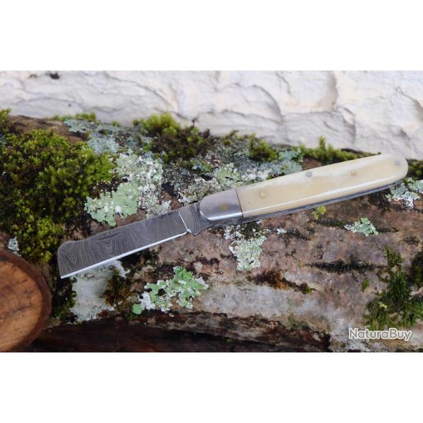 Greffoir Couteau Lame Damas 128 Couches Manche Os Fabrication Artisanale Cran Forc� 01