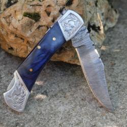 Couteau Lame Damas 128 Couches Style Buck 112 Manche Atlantide Fabr Artisanale S&eacute;curit&eacute; Lockback