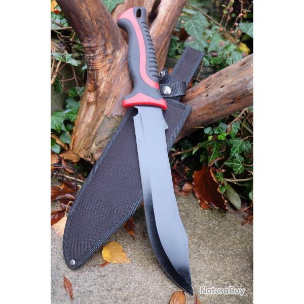 Gros Couteau Machette Bowie Trekking Alaska Lame Acier 3Cr13 Manche Red Abs Etui Nylon Survie 001