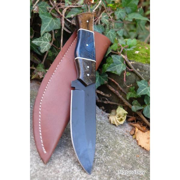 Couteau Skinner Lame Drop Point Acier Carbone 1055 Black Manche R�sine Etui Cuir Fab Artisanale