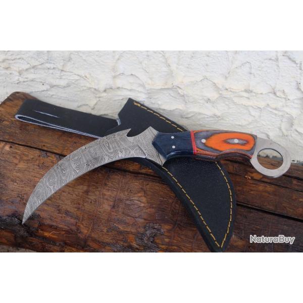 Couteau Karambit Lame Damas Acier 256 Couches Manche Bois & R�sine Etui Nylon Fabr Artisanale