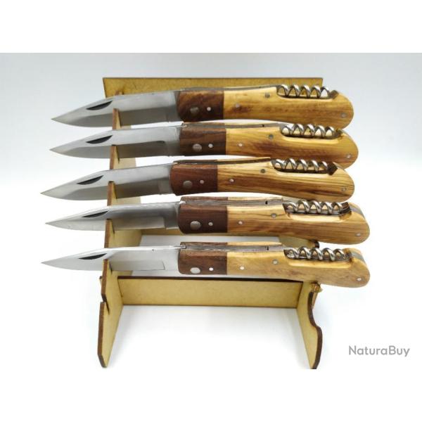 LOT DE 5 COUTEAUX  BERGER  MANCHE BOIS D'OLIVIER ET PALISSANDRE AVEC TIRE BOUCHON