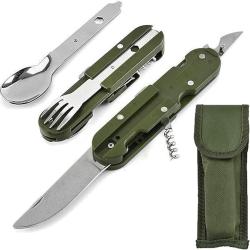 Couteau Pliant en Acier Inoxydable 5 en 1, Couvert Camping Multifonction, Vaisselle de Voyage J87