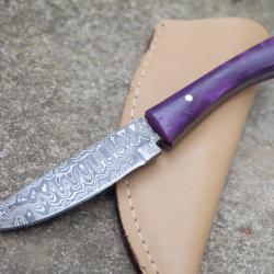 Couteau Skinner de Poche Lame Acier Damas 256 Couches Manche Purple Etui Simili Fab Artisanale